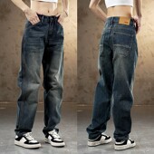 男潮流做旧宽松直筒哈伦休闲长裤 秋冬加绒重磅美式 复古百搭牛仔裤