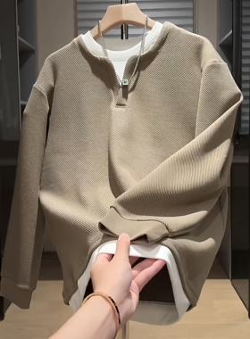 2026春季潮牌假两件V领卫衣男士高级感轻奢时尚宽松百搭休闲上衣