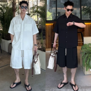 夏季莱赛尔天丝亚麻休闲套装男士老钱风高级感短袖衬衫短裤两件套