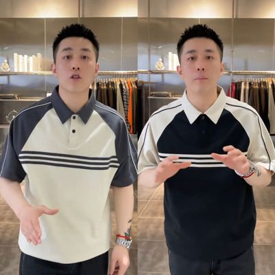 简约高级感插肩条纹Polo衫短袖
