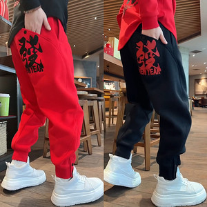 秋冬加绒發财重工刺绣束脚卫裤男潮牌宽松百搭裤脚按扣运动休闲裤