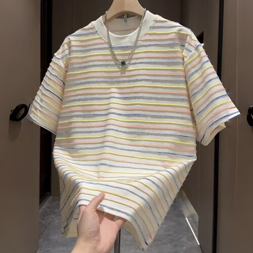 新疆棉立体条纹圆领短袖休闲T恤
