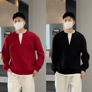 春秋新款慵懒风假两件V领卫衣男简约宽松百搭时尚休闲上衣打底衫