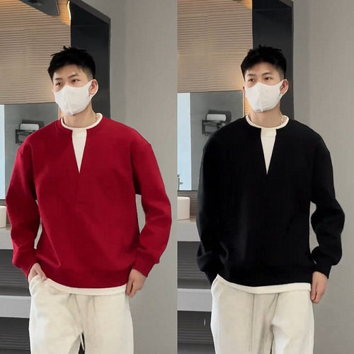 假两件V领潮牌简约圆领卫衣男