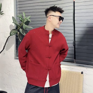 2026冬季加绒盘扣亨利领开衫卫衣男新年潮牌时尚宽松百搭休闲外套