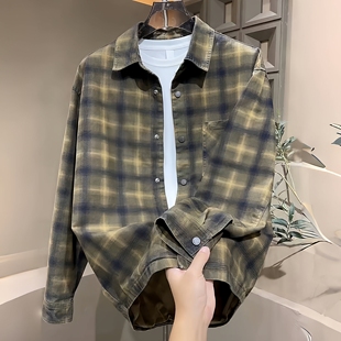 潮牌宽松百搭舒适休闲长袖 秋季 外套男士 高档格子翻领衬衫 上衣 新款