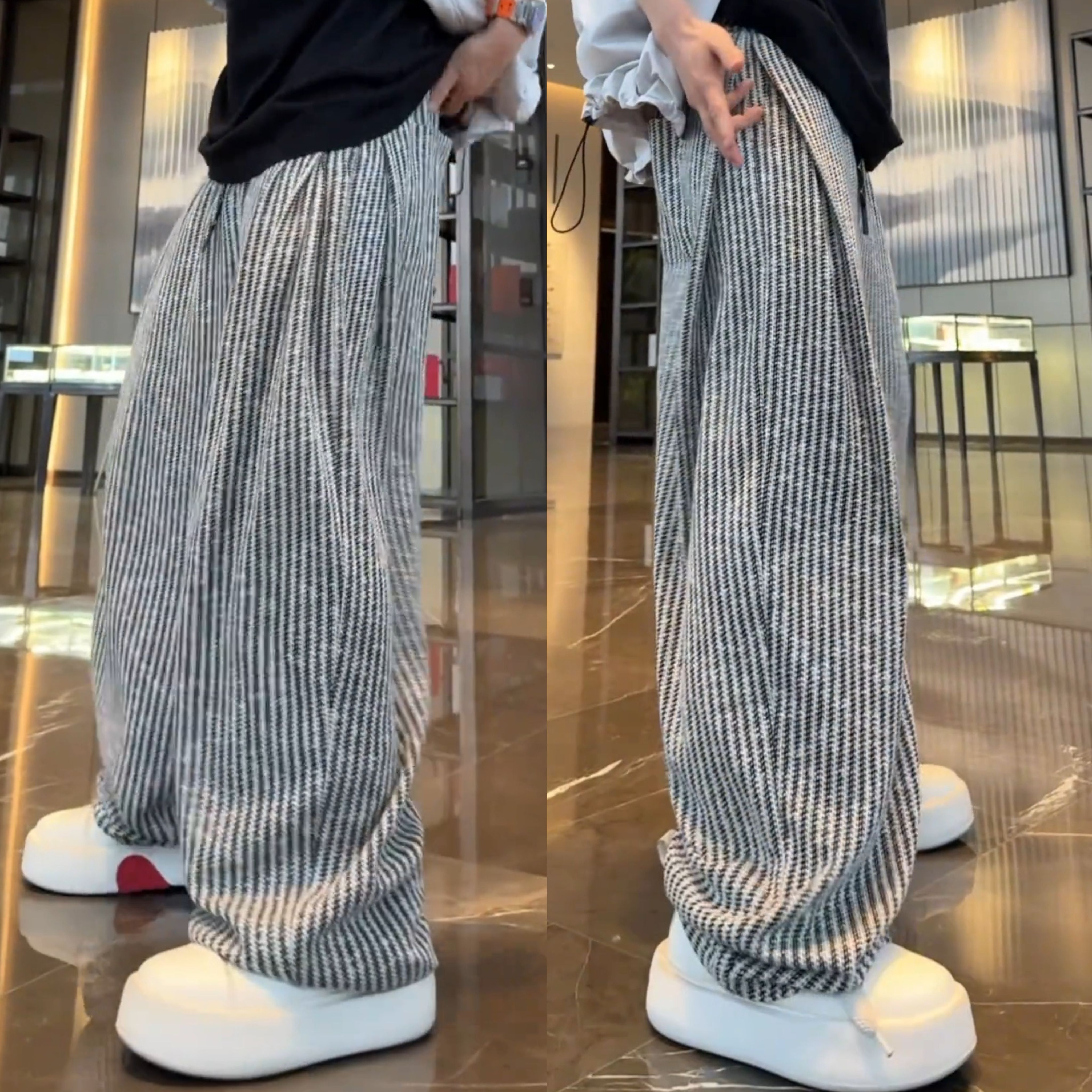春季新款高档慵懒风阔腿休闲裤男时尚百搭条纹松弛感宽松显瘦长裤