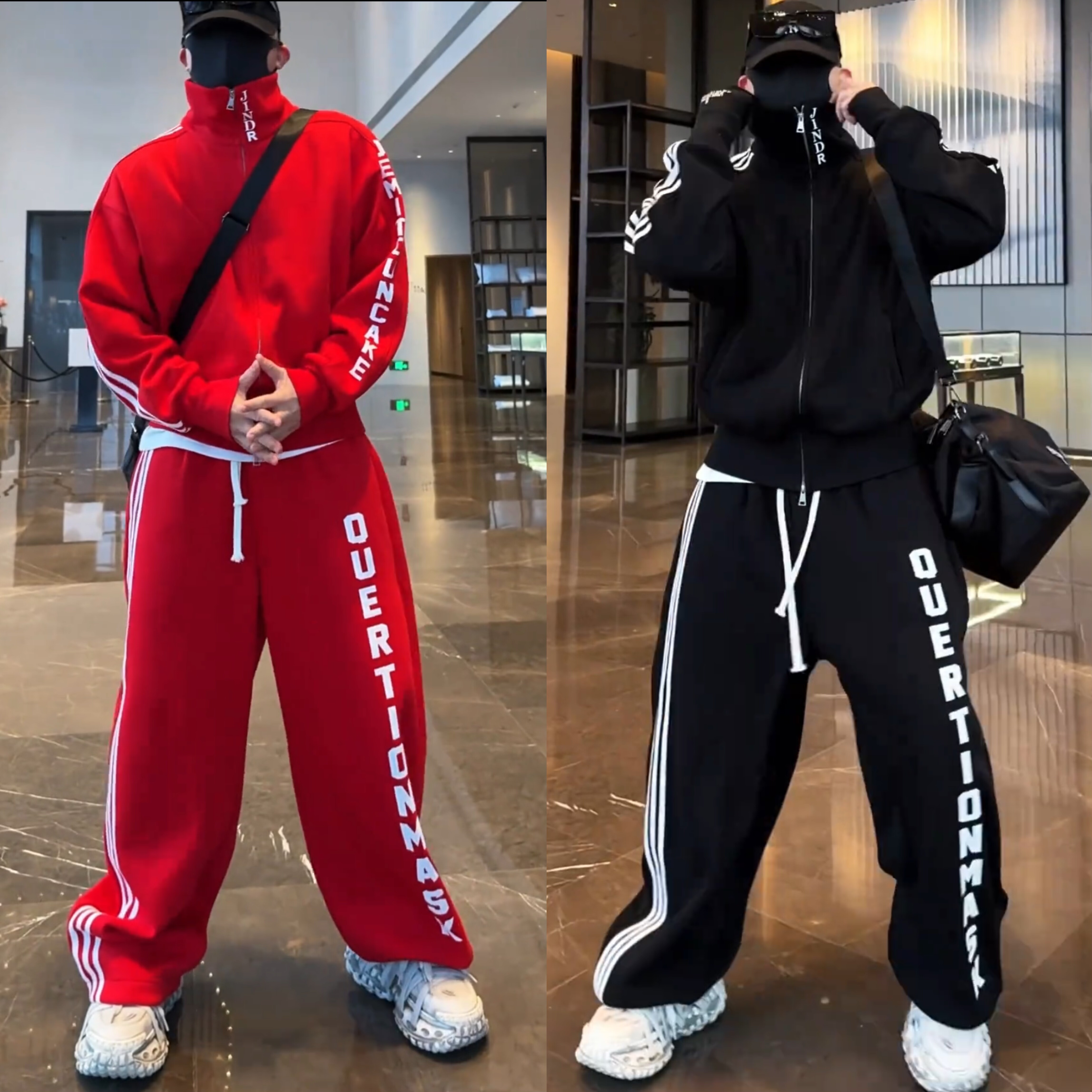 冬季新款织带加绒休闲运动套装男士潮牌时尚立领卫衣阔腿裤两件套,男装,休闲运动套装,淘宝优惠券,粉丝福利购,淘宝优惠卷