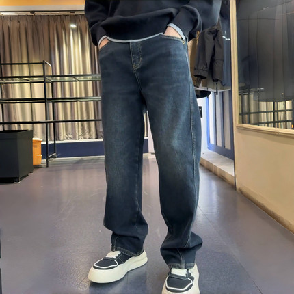 冬季重磅美式加绒加厚弯刀牛仔裤男士简约宽松显瘦百搭直筒香蕉裤