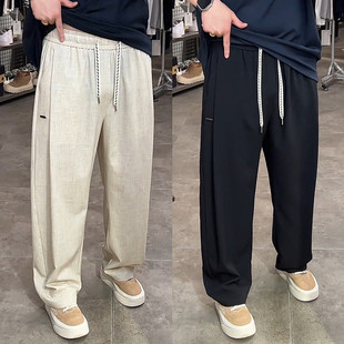 男高级感简约宽松百搭舒适直筒冰感空调裤 透气亚麻休闲裤 薄款 夏季