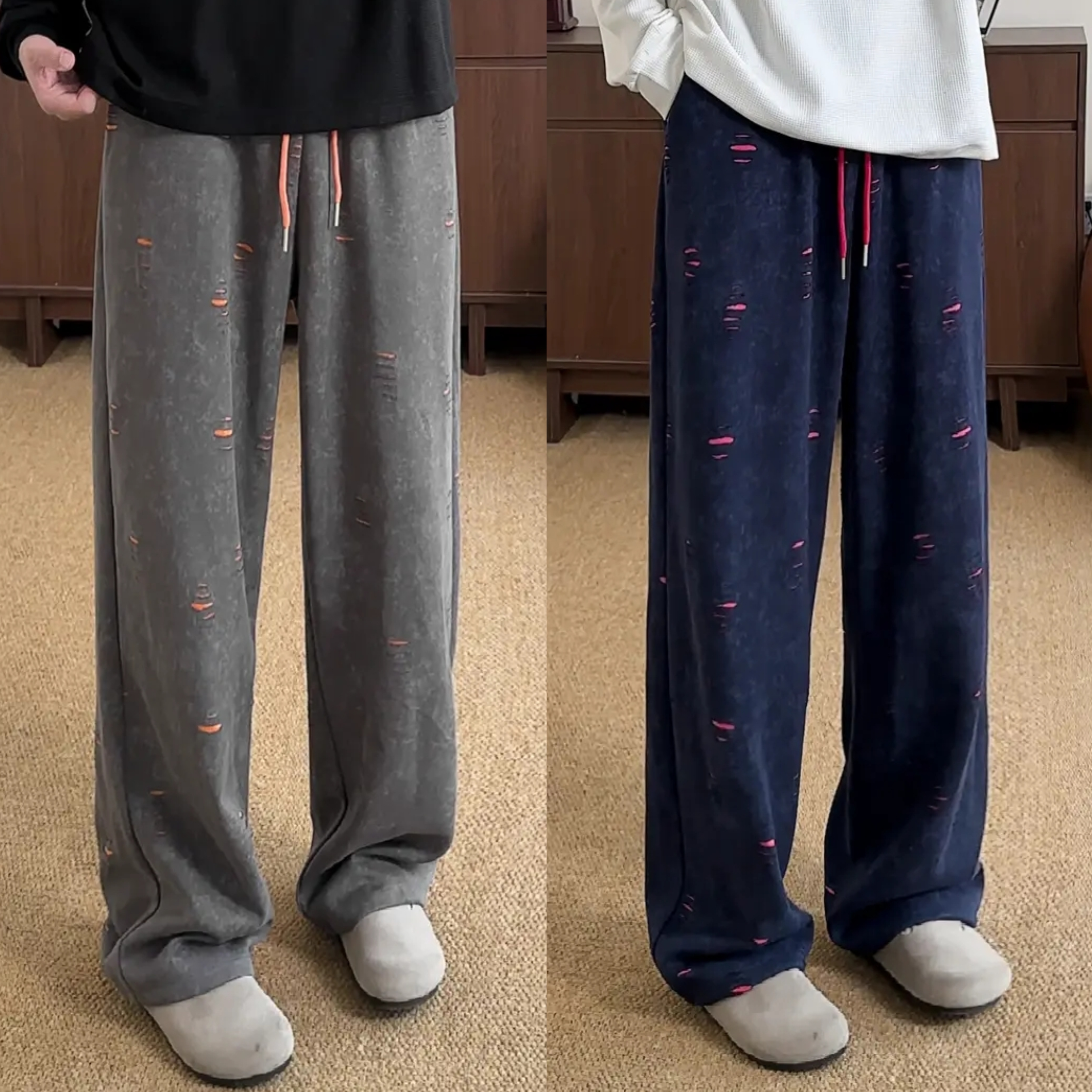 潮流破坏美式扎染撞色直筒休闲裤