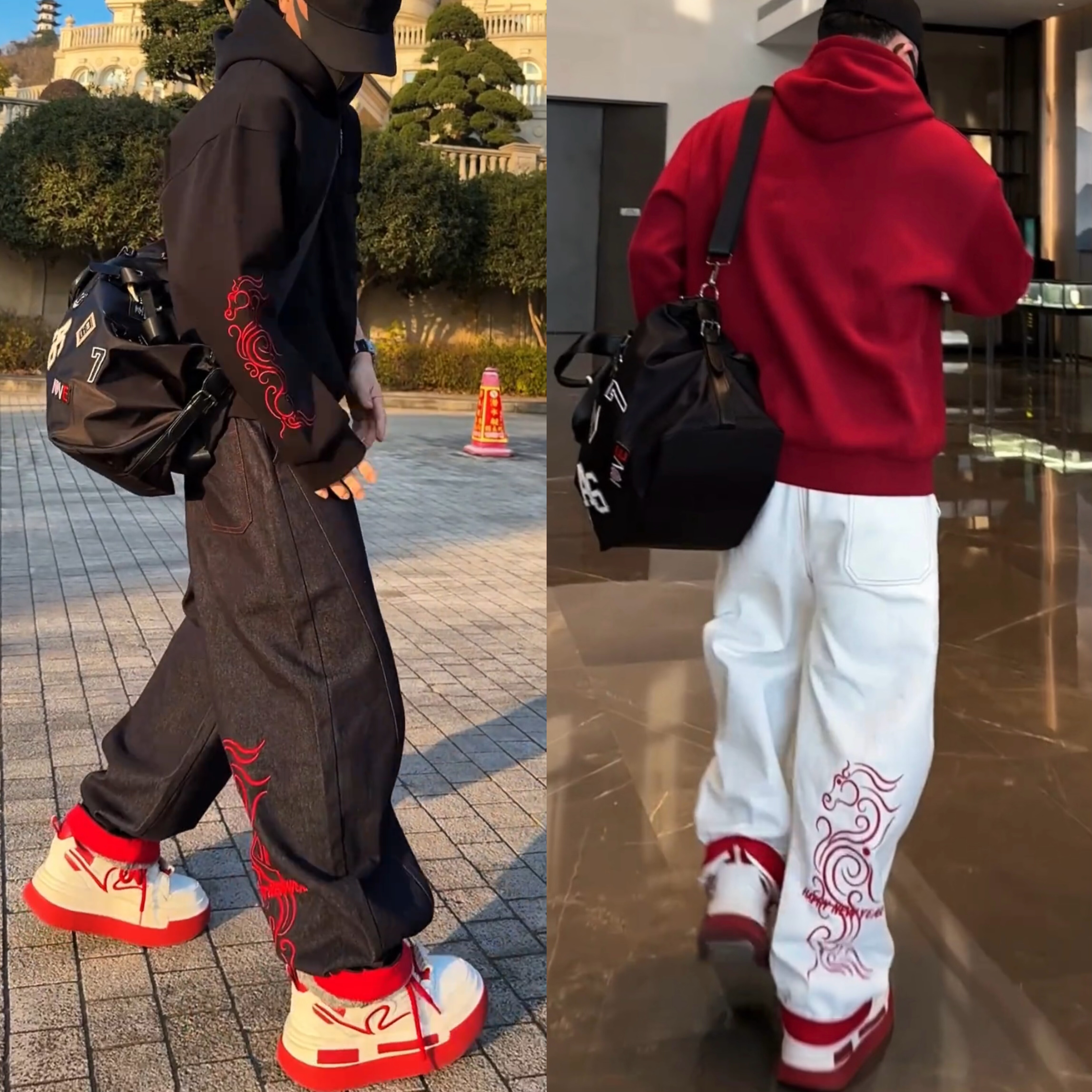 冬季新款加绒刺绣马年休闲套装男潮牌时尚连帽卫衣阔腿卫裤两件套,男装,休闲运动套装,淘宝优惠券,粉丝福利购,淘宝优惠卷