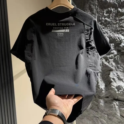 痞帅潮流简约拼接硅胶圆领短袖