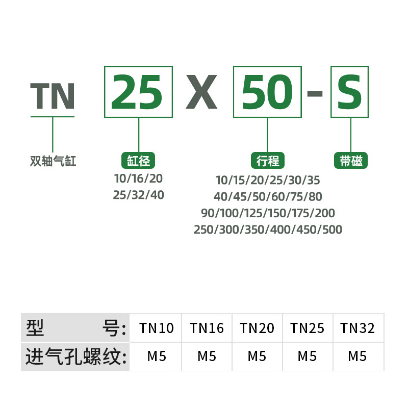 TN双杆双轴气缸气动TDA20*10202530405060707580100-S*