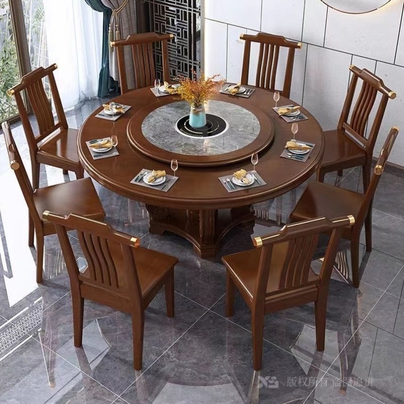 餐桌椅转盘大酒店圆桌组合家用实木中式带岩板餐桌圆形新饭桌,住宅家具,岩板餐桌,淘宝优惠券,粉丝福利购,淘宝优惠卷