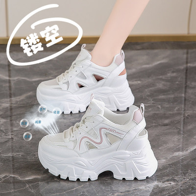 内增高小白鞋女2026夏季新款百搭网面透气镂空运动凉鞋厚底老爹鞋
