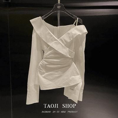 小心机斜肩白色长袖衬衫女2026春夏季设计感气质收腰显瘦露肩上衣