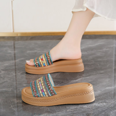 民族风凉拖鞋女夏外穿2026新款厚底海边沙滩鞋配裙子34小码一字拖