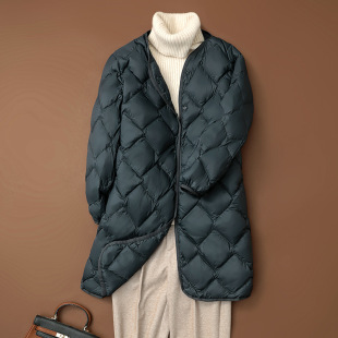 优质女装轻薄羽绒服女中长款2024秋冬新款圆领长款外套无领内胆潮