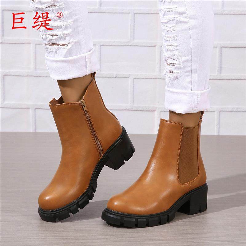 巨缇2023秋冬季新款现货外贸大码纯色女靴 WISH亚马逊欧美女皮靴