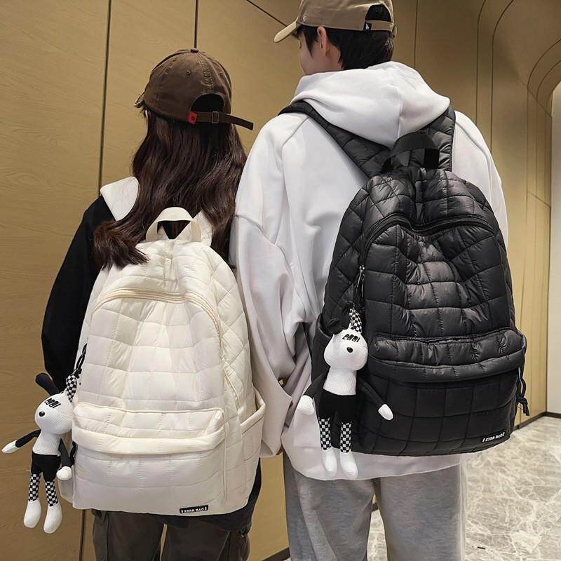 棉服包男2024春季新款格子纯色学生双肩包女韩版通勤旅行背包