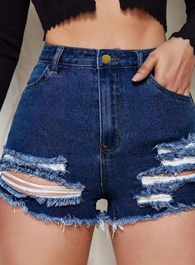 PD08261欧美跨境亚马逊 Wish女装破洞短裤 高腰时尚撕烂牛仔短裤