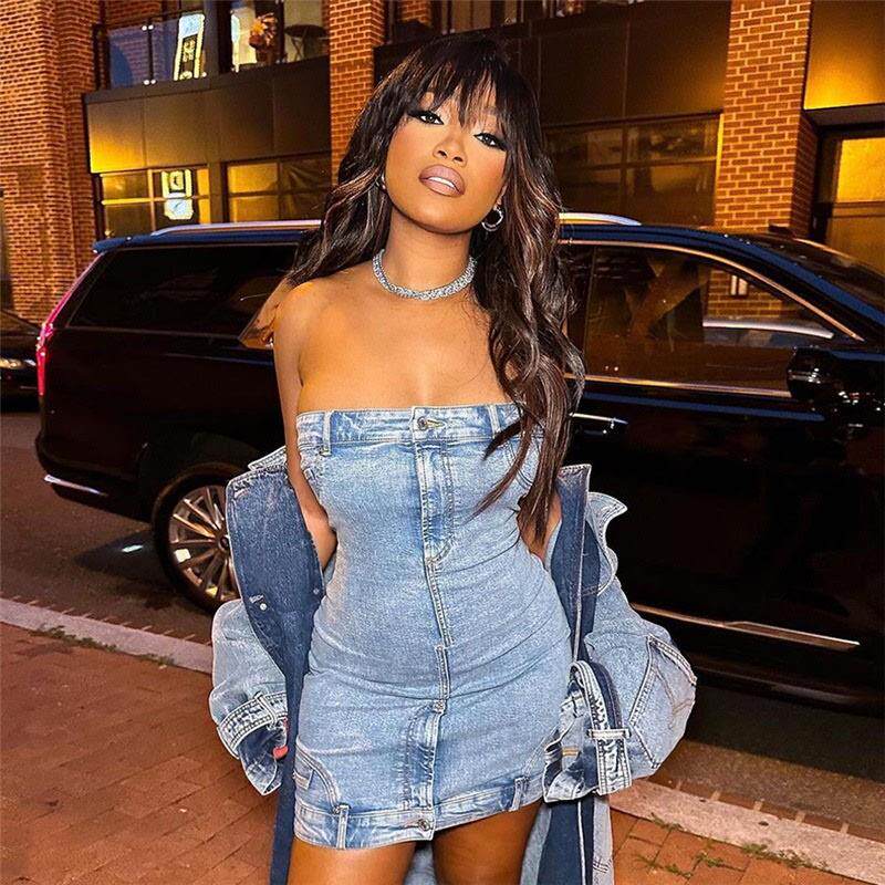 欧美风2023夏季女装新品牛仔抹胸收腰显瘦性感辣妹包臀修身连衣裙