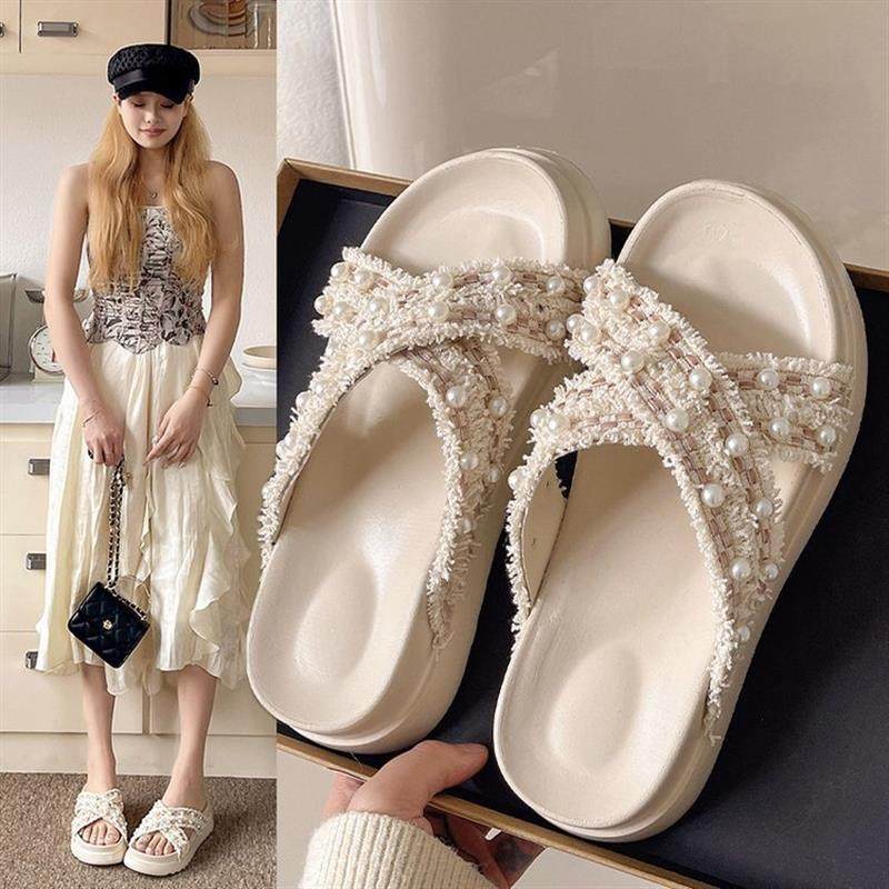 小香风厚底拖鞋女2024夏季新款韩版时尚交叉珍珠凉拖鞋沙滩拖鞋女,女鞋,其他拖鞋,淘宝优惠券,粉丝福利购,淘宝优惠卷