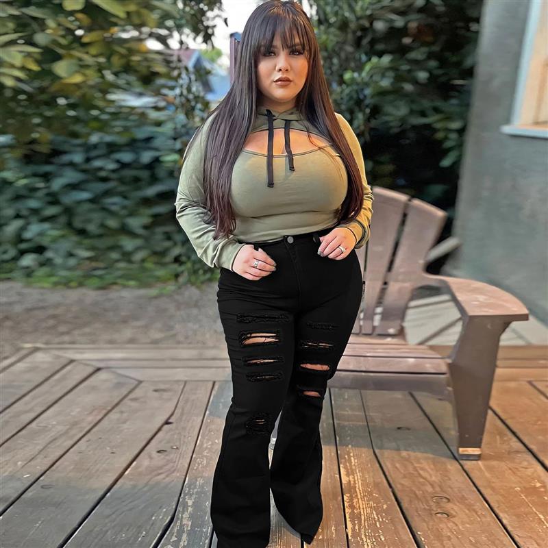 欧美wish跨境ebay亚马逊女装 休闲外出修身破洞微喇牛仔马蹄裤女