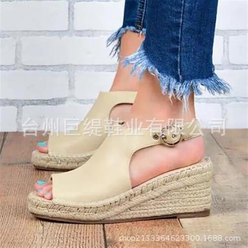 2021年夏季女鞋一件代发欧美外贸大码亚马逊eBay43码坡跟麻绳凉鞋