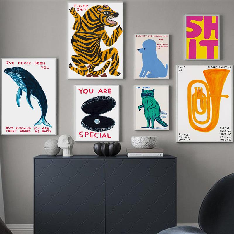 David Shrigley 幽默涂鸦装饰画卡通动物框海报挂画 外贸热销