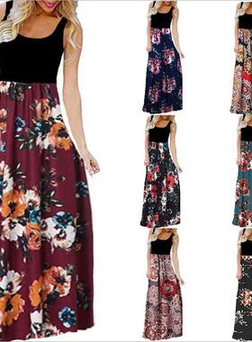 亚马逊ebay跨境货源 11色夏装新款性感无袖圆领印花拼接连衣裙女