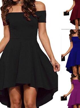 2020 欧美新品女装连衣裙ebay亚马逊爆款一字肩短袖大摆燕尾短裙