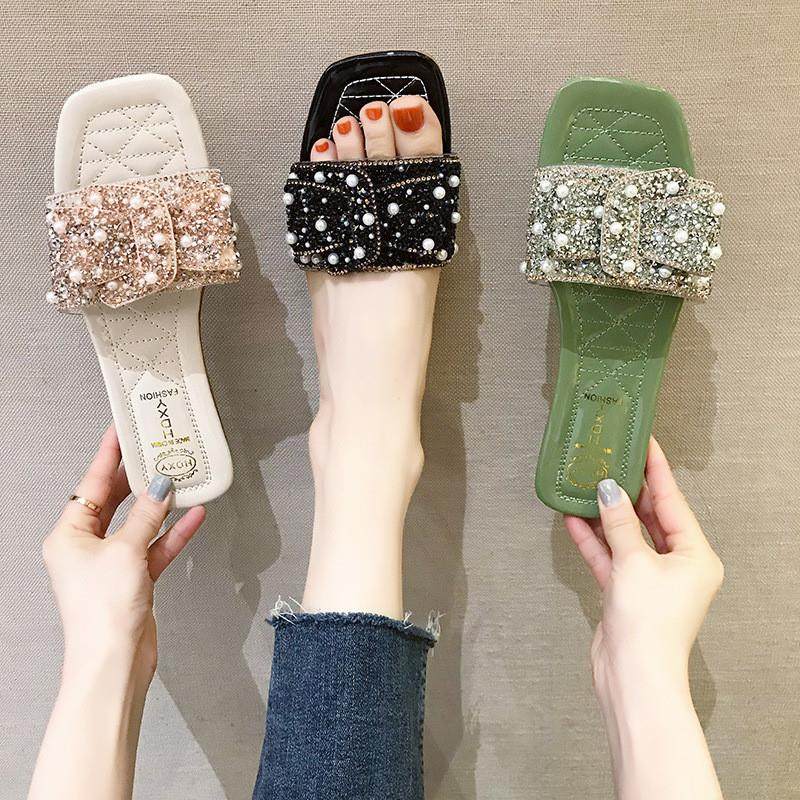 平底拖鞋女2023夏季新款时尚外穿珍珠水钻平底防一字拖休闲凉拖鞋,女鞋,一字拖,淘宝优惠券,粉丝福利购,淘宝优惠卷