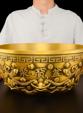 黄铜沈万三同款聚宝盆摆件招聚铜制米缸实心铜盆客厅乔迁财大号