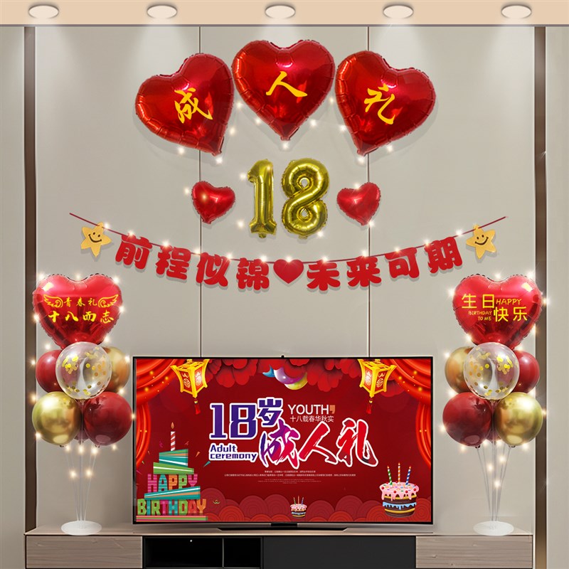 成人礼18岁生日快乐气球套餐背景墙客厅装饰场景气氛男女孩布置