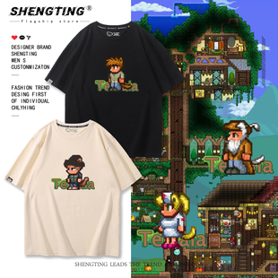 Terraria游戏周边T恤像素图案短袖泰拉瑞亚印花马赛克风男女短袖