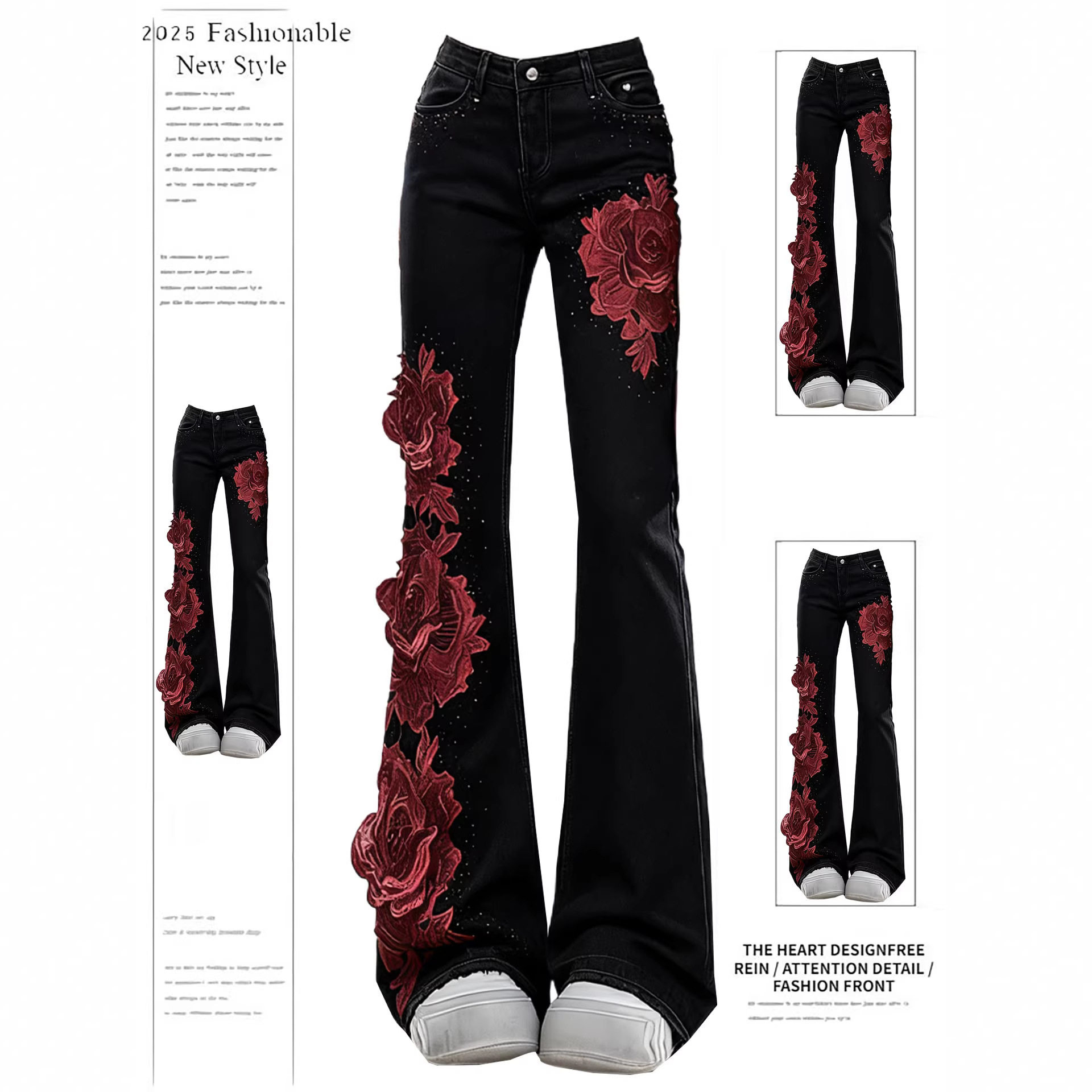 玫瑰拼接黑色微喇牛仔裤裤子女款2025冬季新款辣妹修身显瘦喇叭裤,女装/女士精品,牛仔裤,淘宝优惠券,粉丝福利购,淘宝优惠卷