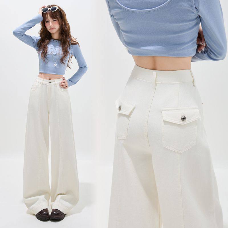 2026春季主推＆极简飒爽白色今年流行袋盖精美设计纽扣阔腿牛仔裤,女装/女士精品,牛仔裤,淘宝优惠券,粉丝福利购,淘宝优惠卷