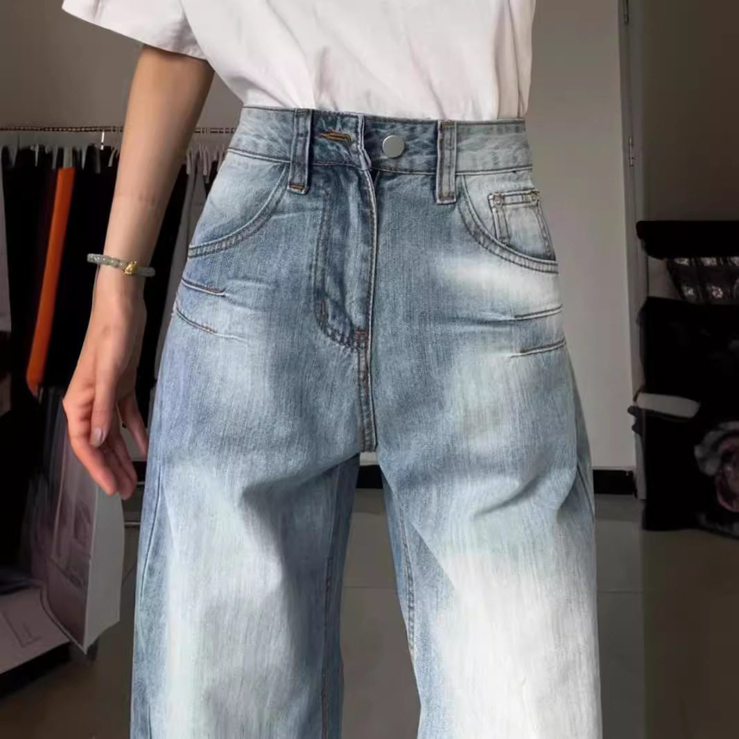美式水洗做旧磨白直筒牛仔裤女夏季薄款宽松垂感阔腿拖地长裤子潮,女装/女士精品,牛仔裤,淘宝优惠券,粉丝福利购,淘宝优惠卷