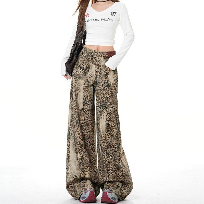 数码印花豹纹牛仔裤女高腰宽松磨白做旧设计感阔腿裤2026春季新款,女装/女士精品,牛仔裤,淘宝优惠券,粉丝福利购,淘宝优惠卷