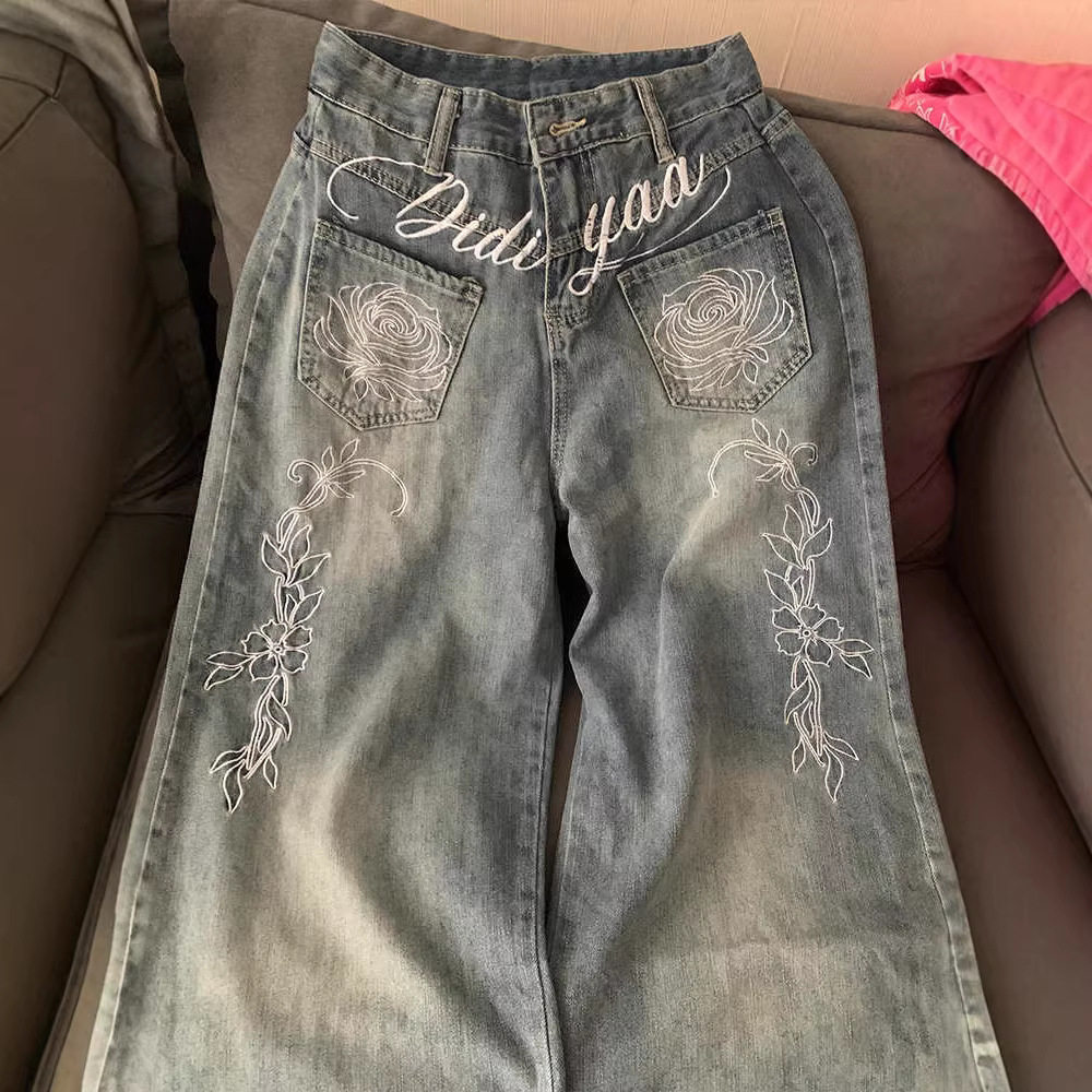 美式风花卉刺绣牛仔裤女秋冬季新款宽松阔腿长裤蓝色拖地弯刀裤子,女装/女士精品,牛仔裤,淘宝优惠券,粉丝福利购,淘宝优惠卷