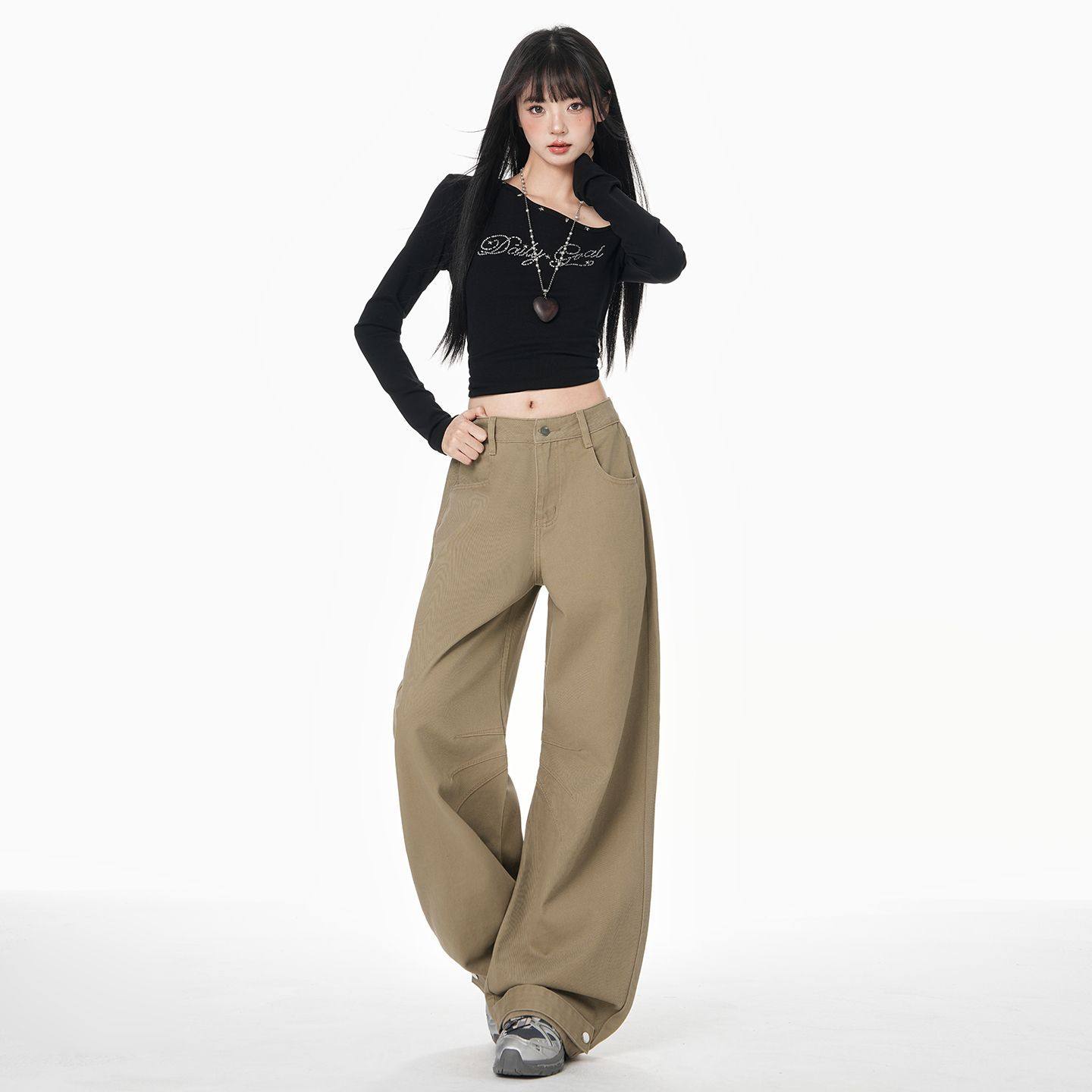 卡其色中腰阔腿弯刀牛仔裤女2026春季新款设计感宽松休闲拖地裤子,女装/女士精品,牛仔裤,淘宝优惠券,粉丝福利购,淘宝优惠卷