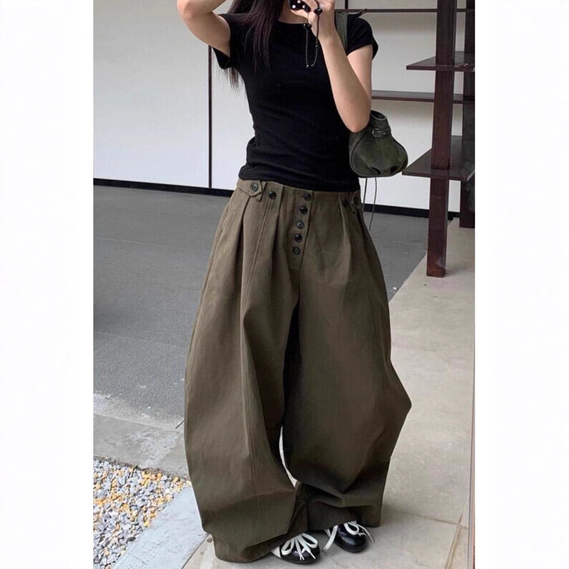 美式复古绿色排扣工装牛仔裤女秋冬新款宽松慵懒廓形慵懒弯刀裤子,女装/女士精品,牛仔裤,淘宝优惠券,粉丝福利购,淘宝优惠卷