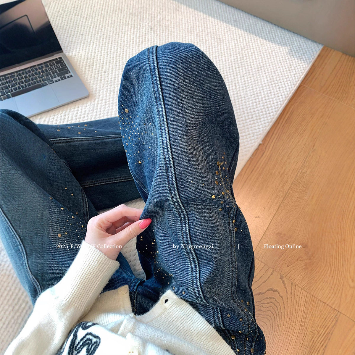 深蓝色钉珠烫钻加绒阔腿牛仔裤女2025秋冬新款高腰显瘦百搭直筒裤,女装/女士精品,牛仔裤,淘宝优惠券,粉丝福利购,淘宝优惠卷