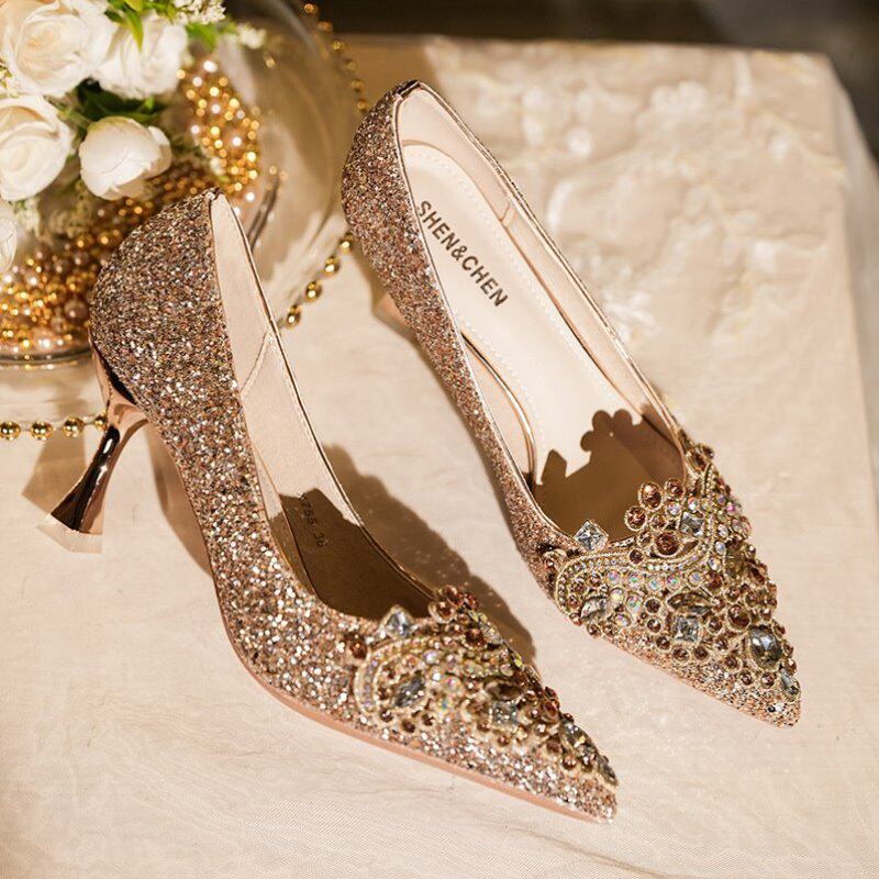 水晶鞋香槟色新娘婚纱法式新款跟婚鞋鞋主春秋低高跟鞋2024订婚女