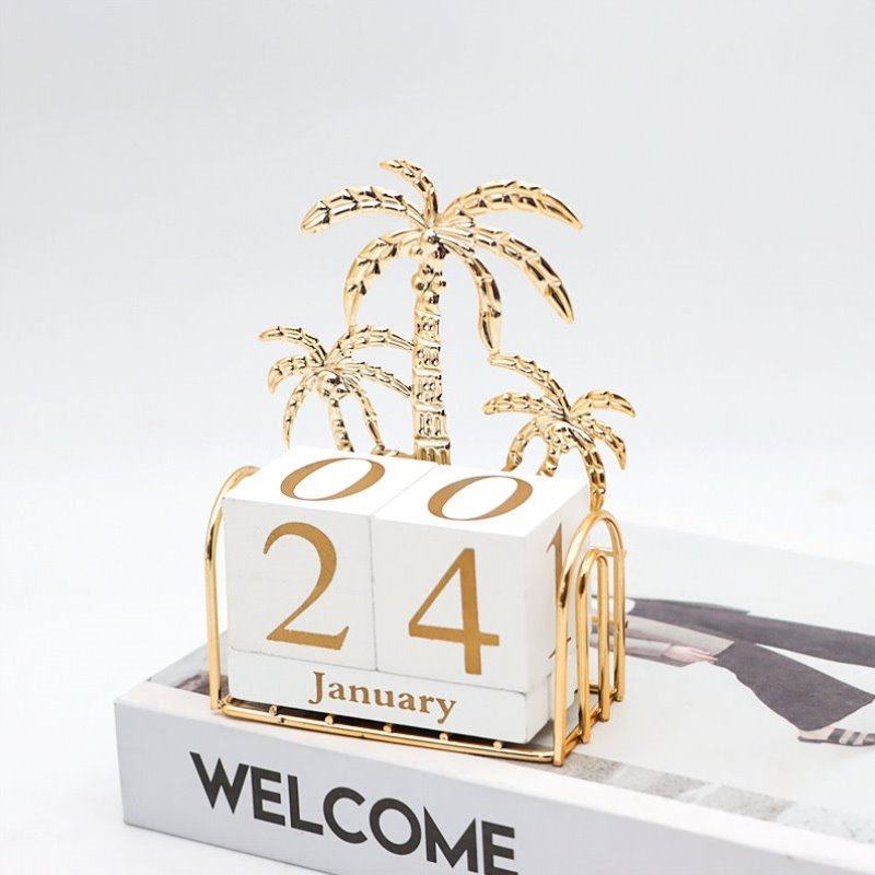 新年台历日历结合铁木摆件手动万年历方块装木质儿童数字桌面滚动