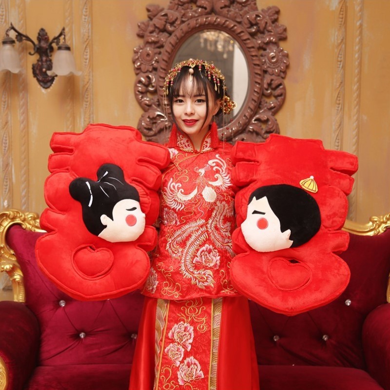 一对福娃结婚婚车布置女友抱新款喜事婚礼压床床上公仔枕生日娃娃