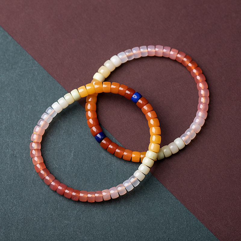 天然绯红盐源玛瑙缅黄玉彩虹渐变多宝精工直切药片桶珠手串男女款