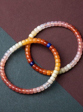 天然绯红盐源玛瑙缅黄玉彩虹渐变多宝精工直切药片桶珠手串男女款